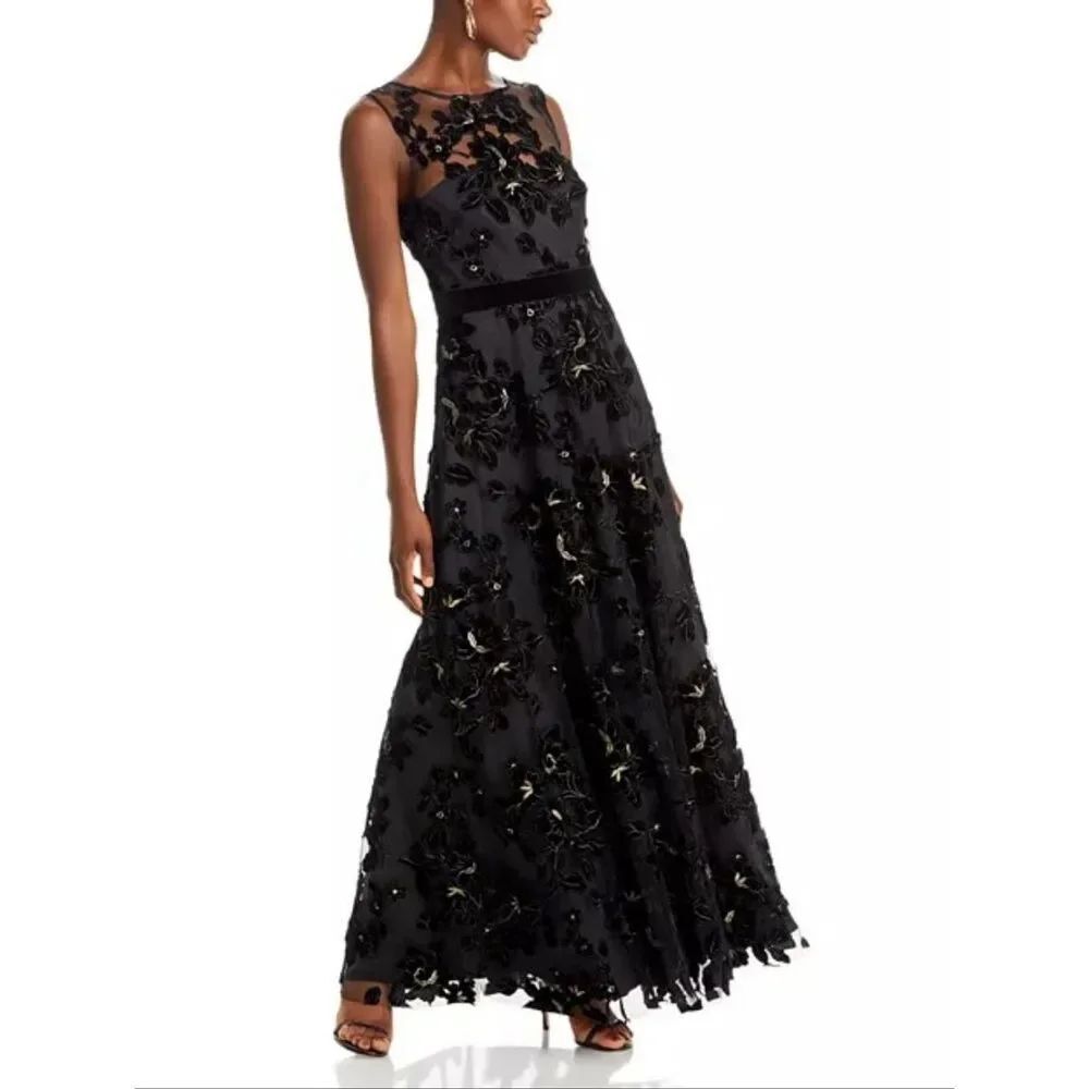 NWT Eliza J Black Flocked Tulle Gown Size 4